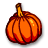 Pixelated orange pumpkin with dark brown vertical stripes and a yellow stem, rendered in low-resolution digital art style.