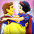 Two pixelated figures in yellow and blue dresses embrace against a pink background, one with brown hair and the other with black hair.