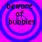 Four identical circular icons with blue concentric rings on a bright pink background, each displaying the text "beware of bubbles" in black pixelated font.