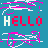 Pixelated blue background with repeated 'HELLO' text in red and white, surrounded by pink and white abstract line patterns.