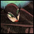 Pixelated anime-style character with brown hair and green eyes, wearing a dark outfit with red accents, positioned against a blurred background with teal and brown tones.