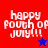 Four pixelated display 'happy pouth of july!!!' text with star symbols on red, purple, blue, and dark purple backgrounds
