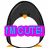 Pixelated penguin icon with black head, white body, orange beak and feet; one version displays purple text overlay reading "I'M CUTE!" in cyan letters.