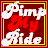 Two side-by-side animated frames of a pixelated 'Pimp My Ride' logo with red and white text on a dark background, framed by yellow borders.