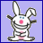 Pixelated bunny with pink nose and blue eyes on purple background, next to cyan text reading "Im a bunny can you say bunny?".
