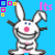 Animated pixel art of a white bunny with pink nose and blue eyes, smiling widely against bright blue background with scattered colored squares.