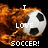 Pixelated soccer ball engulfed in orange-brown flames with white text reading 'I LOVE SOCCER!' on black background.