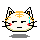 Pixelated cat head with closed eyes, orange markings, and red cheek spots, shown in two states with subtle facial and shadow differences.