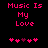 Pixelated text "Music Is My Love" in bright pink on black background with five heart symbols below, two versions showing different heart arrangements.