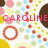 Pixelated image with colorful circular and square shapes on white background, featuring pink text reading 'CAROLINE' in uppercase letters.
