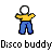 Pixel art contact sheet showing three variations of a stick-figure buddy icon with different clothing colors and text labels, arranged in a 2x2 grid on gray background.