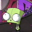 Green cartoon character with large white eyes and purple headpiece displays multiple facial expressions against red and dark background.