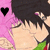 Pixelated anime-style character with black hair and closed eyes, wearing green and red clothing against a pink background with a black heart symbol.
