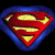 A pixelated Superman logo on black background, transitioning to a full-body pixel art of Superman in blue and red costume with cape, holding a green object.