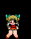 Pixel art character in red and white outfit with blue hair accessories performing various poses against black background.