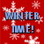Red background with white snowflakes and blue text reading "WINTER TIME!" next to a penguin wearing a red scarf and yellow feet with blue text "BRRRR!".