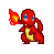 Pixel art animation of a red Pokémon character with blue eyes and yellow belly, emitting fire from its mouth across six frames in a 3x2 contact sheet layout.