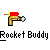 Animated contact sheet showing 11 sequential frames of a pixel-art rocket buddy icon with red and yellow colors, displaying motion from idle to explosion.