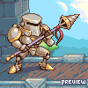 Pixel art character in full armor holding a spear with golden tip, standing on wooden planks against stone and sky background.