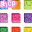 colorful square icons with 'shop' text, a large green dollar sign with 'spend', and red 'AÉRO shirts' text on a dark background