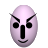 Pixelated light purple face with black eyes, nose, and eyebrows, and a small smile on a gray background.