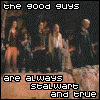Six of pixelated text and characters from a film scene with distinct text overlays and character poses