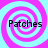 Four identical spiral patterns in pink and cyan with the word "Patches" overlaid on each, arranged in a