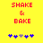 Yellow background with red pixelated text "SHAKE & BAKE" and blue/purple pixelated symbols below, two identical frames side-by-side.
