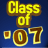 Blue background with yellow 'Class of' text above brown '07' numerals, each numeral outlined in white and a small square dot to the left.