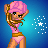 Pixel art character with pink hair and bikini, holding a pink brain-shaped object, against blue background with white starbursts.
