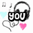 Four pixelated display text fragments with headphones, musical notes, and hearts; each shows a different word segment in bold black-and-white lettering