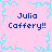 Pixelated pink background with light blue snowflake border and four identical text blocks reading "Julia Caffery!!" in dark blue.