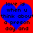 Red background with two identical blue hearts containing black pixelated text reading "love is when u think about a preson day and".