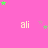 Pink background with repeated 'ali' text and scattered green/pink stars, one gray rectangle in bottom-right corner.