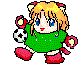 Pixelated cartoon character with blonde hair and cat ears wears green sweater, red shoes; holds soccer ball in various poses across four