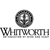 A grayscale pixelated icon features a circular emblem with a cross-like symbol inside, positioned above stylized text reading "WHITWORTH" in a blocky, pixelated font.