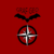 Red background with black and white circular compass-like symbol and indistinct pixelated text above.