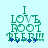 Green pixelated text "I LOVE ROOT BEER!!!" with blue floral accents on light cyan background, two identical static frames side-by-side.
