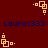 A static digital image displays a dark red background with repeating blue text and yellow geometric patterns in pixelated style.