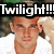 A pixelated image shows a person with light brown hair wearing a white shirt, overlaid by bold text reading "Twilight!!!" in large white letters on a black background.