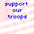 Blue pixelated text "support our troops" on a pink and white striped background with small dots.