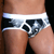 Pixelated close-up of a person wearing white and black patterned underwear with a white waistband, cropped to show lower torso and thighs.