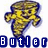 Pixelated cartoon character with yellow face and brown hair, wearing blue clothing, positioned above blue block letters spelling 'Butler' on white background.