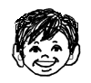 Black-and-white cartoon head with short tousled hair, smiling face in top and neutral expression in bottom