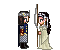 Pixel art animation of two figures in historical attire: a soldier in blue and silver armor holding a spear, and a woman in a white gown with long dark hair, progressing from standing apart to embracing.