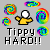 Pixelated image with a central yellow figure, four rainbow spiral patterns, and bold text reading 'Tippy HARD!!' on a gray background.