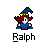 Pixel art character with blue wizard hat and red hair, wearing purple top, standing on gray background with 'Ralph' text below.