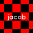 Red and black checkered pattern with four instances of the text 'jacob' in white lowercase letters, displayed