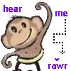 Pixelated monkey icon with raised arm, smiling face, and purple text reading 'hear', 'me', and 'rawr' on white background.