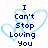 Pixelated text reads "I Can't Stop Loving You" over a light blue heart outline with scattered light blue squares on white background.